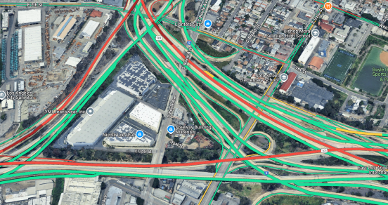 A map showing color-coded traffic data